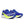 Blue and green Saucony running shoes on a white background and a blue outsole.