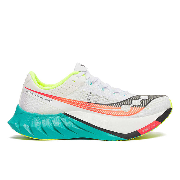 Saucony Endorphijn Pro running shoe with colorful sole on a white background.