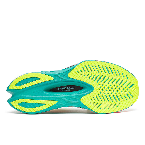 Green and yellow running shoe sole on a white background.
