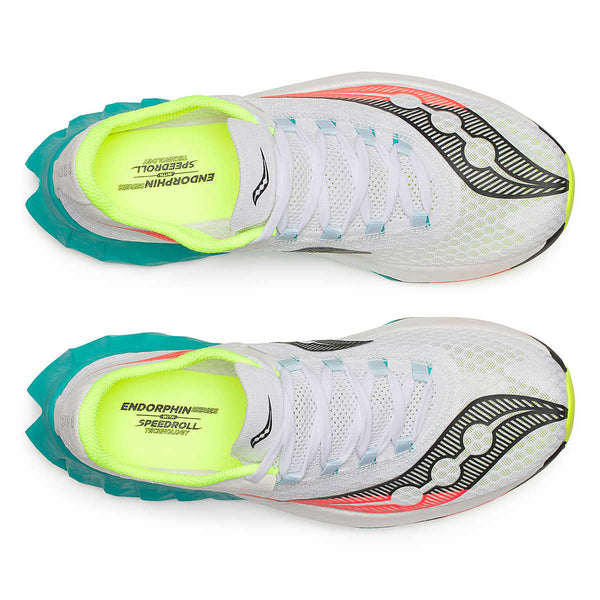 White running shoes with colorful sole on a white background.
