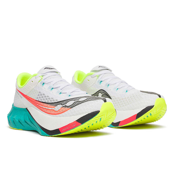 Men's running shoes shoes with colorful soles on a white background.