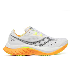 This men's running shoe has a neon orange midosle but a white upper making it look fast.