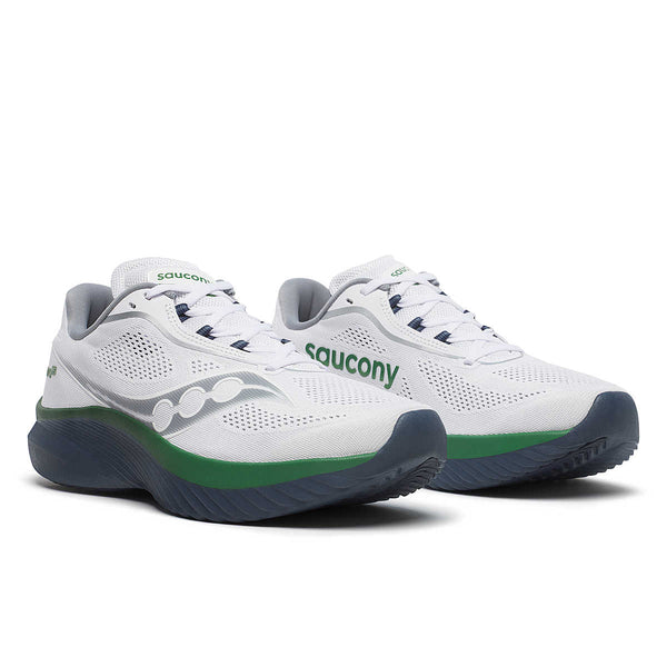 These men's saucony shoes have a dark blue midsole and mostly white upper.