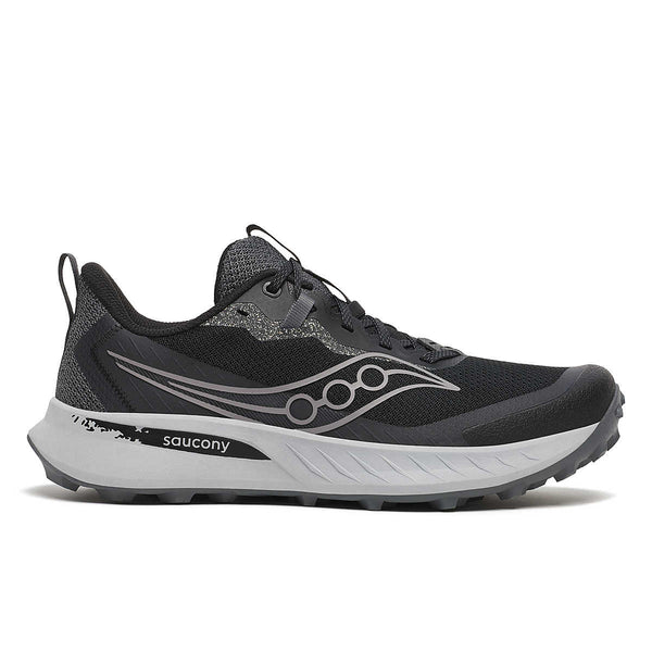 Black and gray trail running shoe with Saucony logo on a white background.