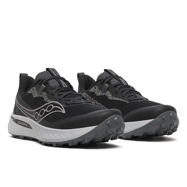 Black Saucony Peregrine 15 trail  running shoes on a white background.