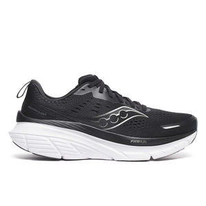 Saucony Guide 18 black running shoe with white sole on a white background.