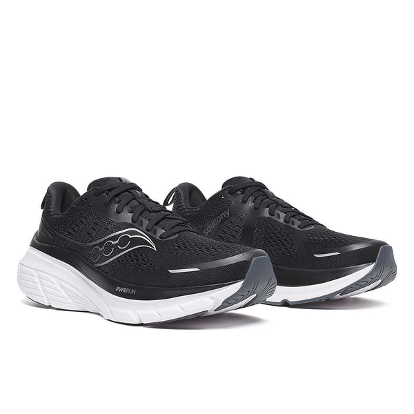 Pair of black running shoes that come in a wide fit.