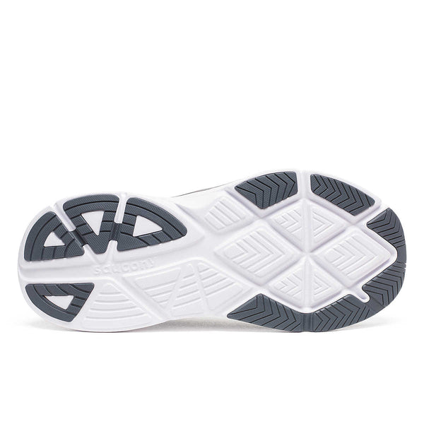 White Saucony stability running  shoe with a gray sole on a white background.