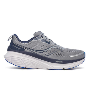 Gray Saucony Guide 18 running shoe with white sole on a white background.