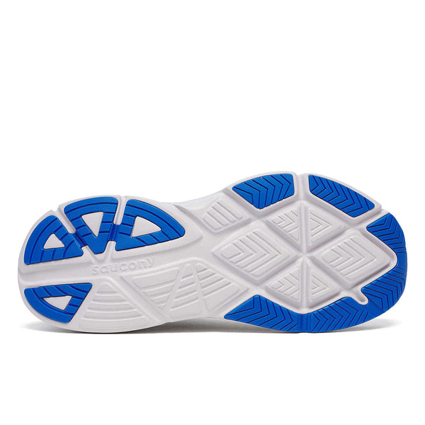 White Saucony running shoe with blue accents on a white background.