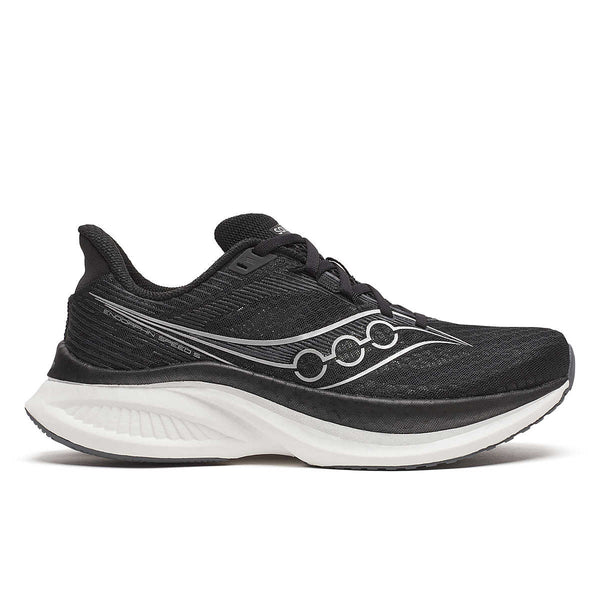 Men's Saucony running shoes with a black and white upper and white midsole.