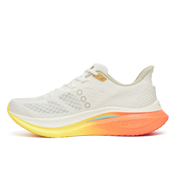 White running shoe with orange sole on a white background