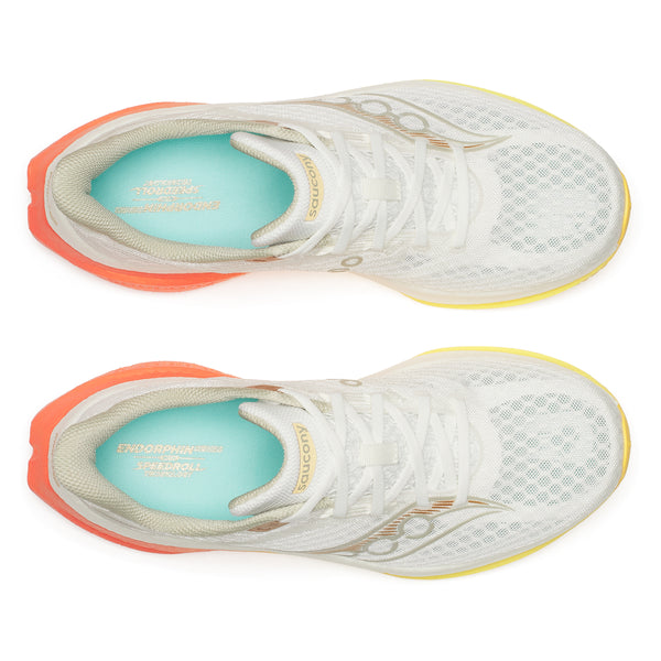 White running shoes with orange soles and visible brand logo on a white background
