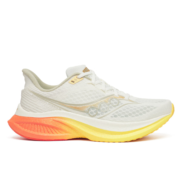 White Saucony running shoe with orange sole on a white background