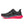 Black running shoe with pink sole and poka dots on the midsole.