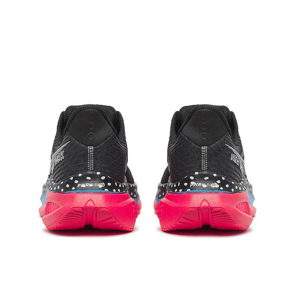 A pair of Saucony running shoes with the heel area as the focus.