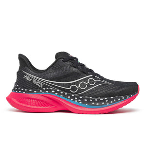Black running shoe with pink sole and a New York Logo.