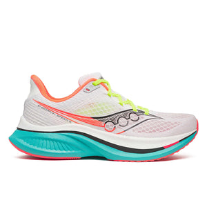 Men's Saucony white/mutant running shoe with colorful accents on a white background.