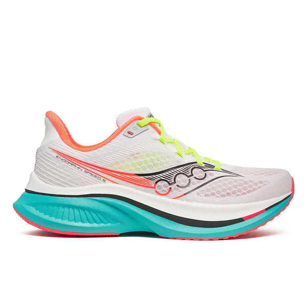 Men's Saucony white/mutant running shoe with colorful accents on a white background.