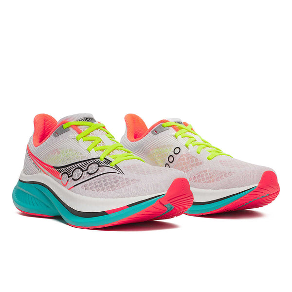Pair of colorful Saucony running shoes on a white background.