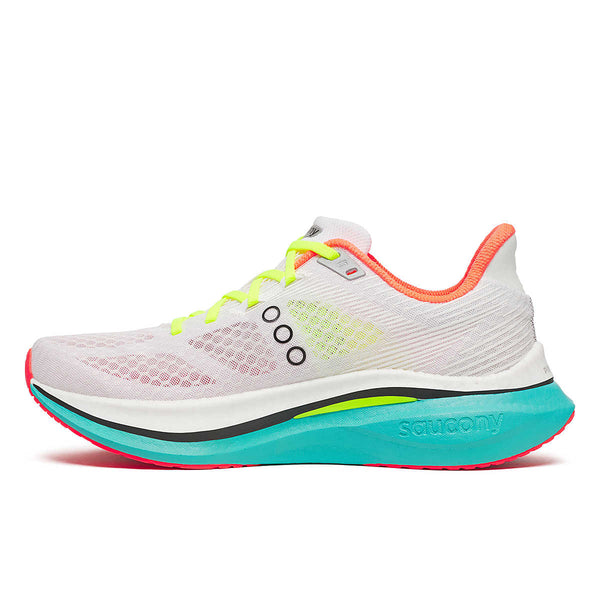 White men's Saucony running shoe with colorful accents on a white background.