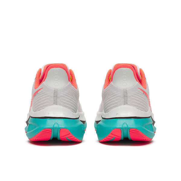 Pair of men's gray and pink athletic shoes with green sole on a white background.