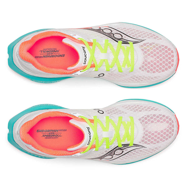 A pair of Saucony running shoes with colorful sole and bright green laces on a white background.