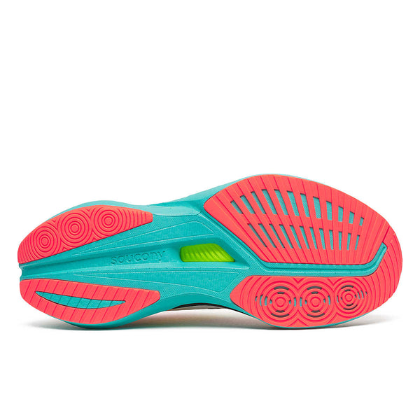 Close-up of a sports shoe sole with pink and green colors on a white background.