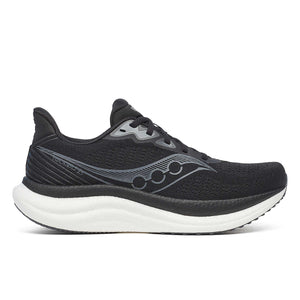 Black Saucony  running shoe with white sole on a white background.
