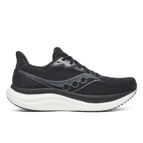 Black Saucony  running shoe with white sole on a white background.