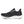 Medial side of ablack running shoe with white sole on a white background.