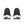 Black running shoes with white soles on a white background.