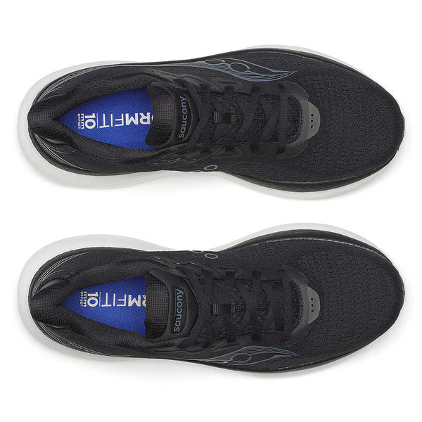 Black running shoes with blue interior on a white background.