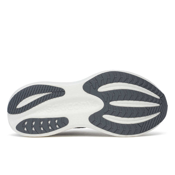 Close-up of a shoe sole with white and gray design on a white background.