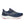 Blue running shoe with white sole on a white background.