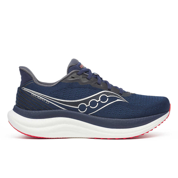 Blue running shoe with white sole on a white background.
