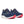 Pair of navy running shoes with red soles on a white background.