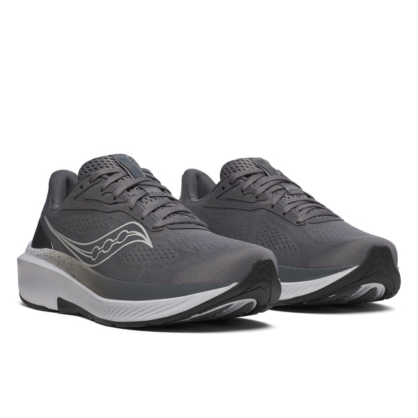 Pair of gray running shoes with a visible brand logo on a white background
