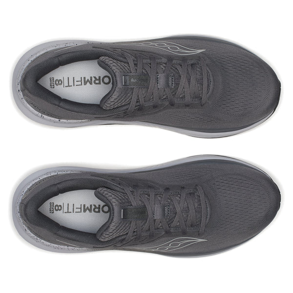 Gray running shoes with a white sole on a white background