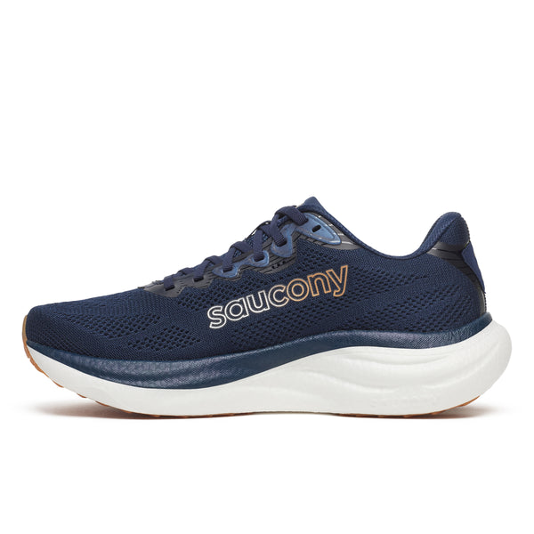 Navy running shoe with white sole on a white background