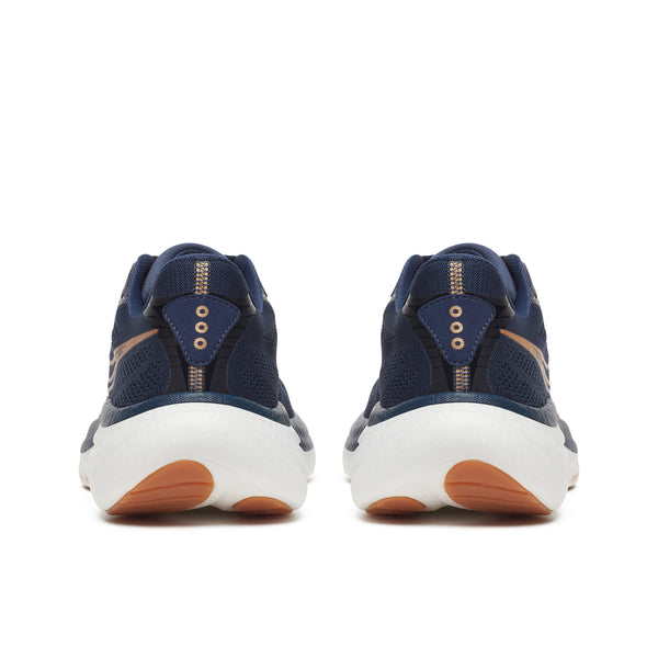 Navy running shoes with white soles and brown accents on a white background