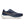 Navy running shoe with white sole on a white background