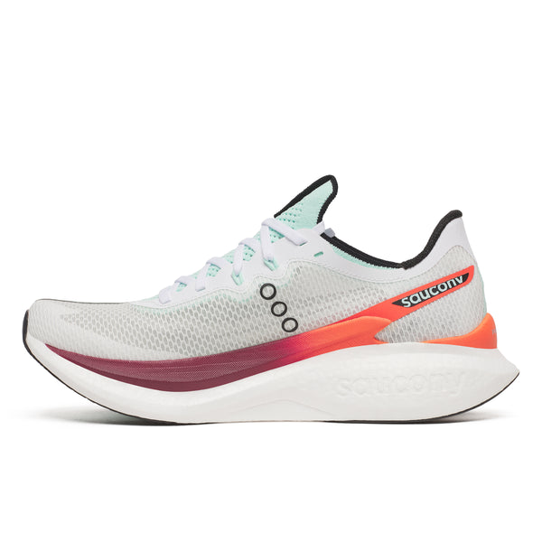 White running shoe with red and black accents on a white background