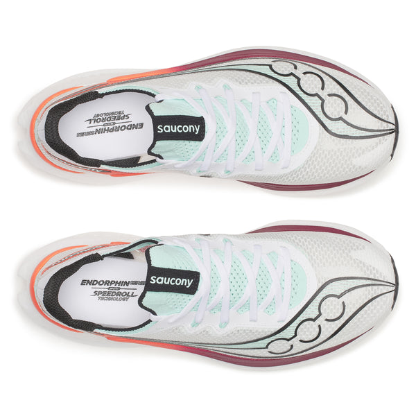 Two white running shoes with maroon soles and 'Saucony' branding on a white background.
