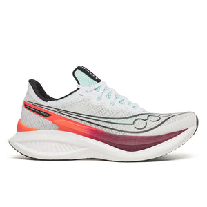 White running shoe with colorful sole on a white background