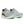 Gray running shoes with green accents on a white background