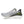 Gray running shoe with a white sole on a white background