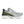 Gray running shoe with black and green accents on a white background