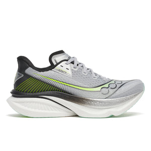 Gray running shoe with black and green accents on a white background