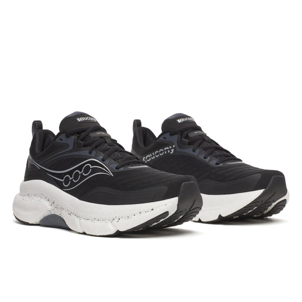 Pair of black and white Saucony Onmi ST running shoes on a white background